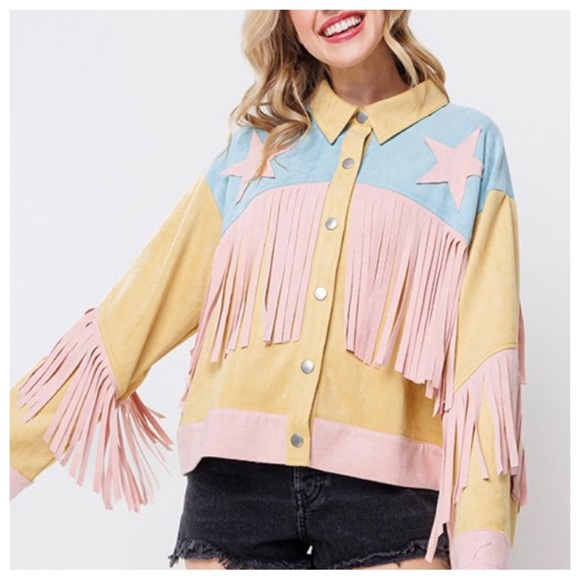 15 Fabulous Multi Fabric Basic Collared Fringe Jacket - Picture 3 of 6